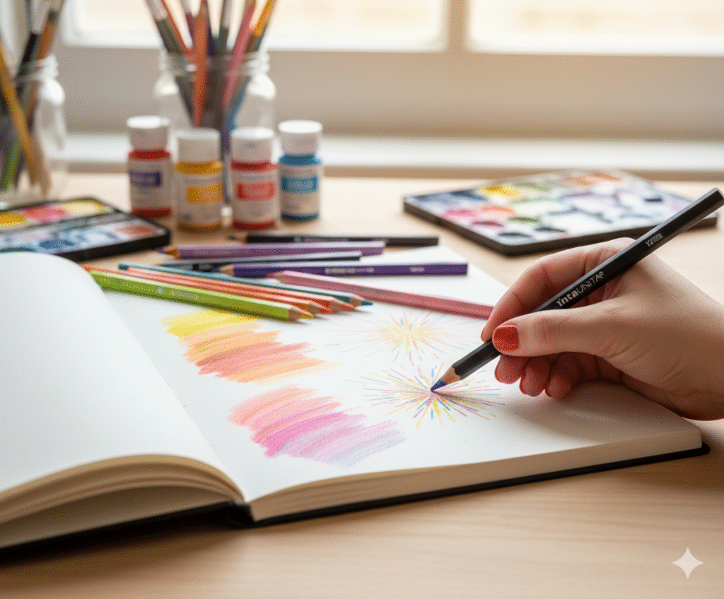 Mano che usa pastelli TintaUNITA 4.2 Gradient e Multicolor su un blocco da disegno in una cartoleria.